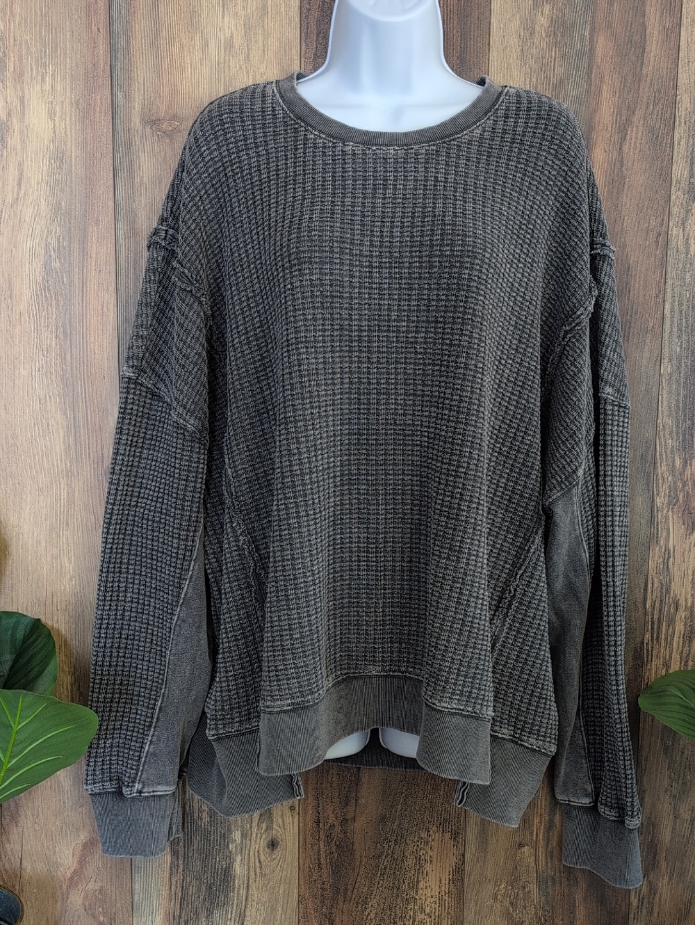 easel Washed Charcoal Waffle Pullover Oversized Sweatshirt L W299 - Picture 1 of 7